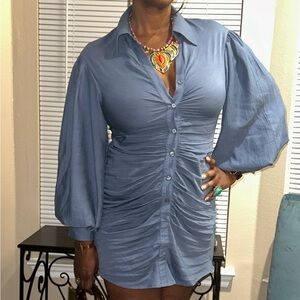 H&M Blue Ruched Dress Sz L